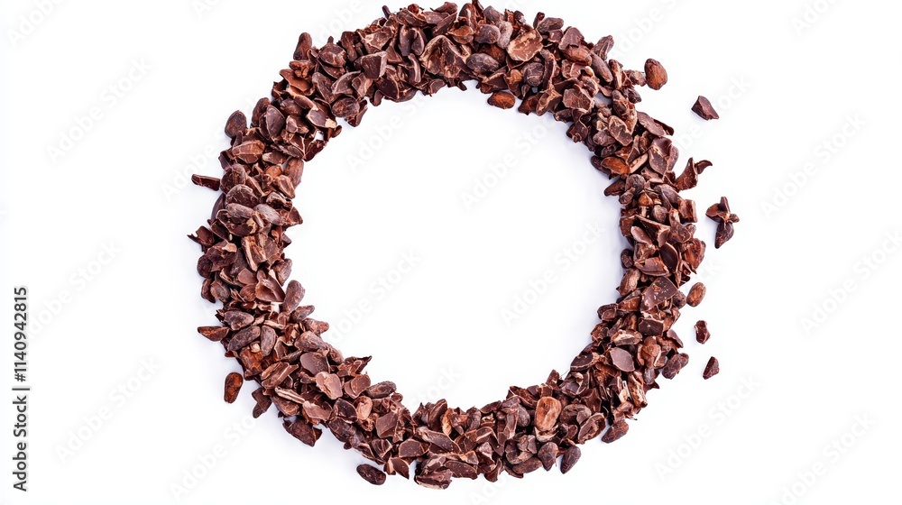 A circle of chocolate chips on a white background A circle of chocolate chips on a white background