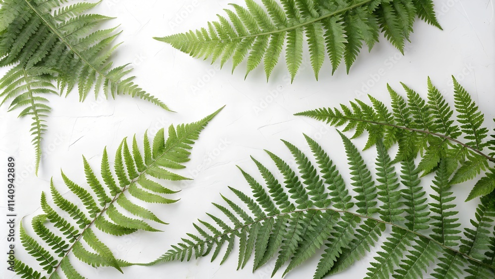 Vibrant green fern fronds with intricate patterns, arranged in a natural, organic way. Vibrant green fern fronds with intricate patterns, arranged in a natural, organic way.