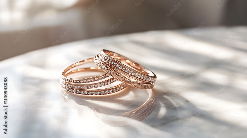Elegant Rose Gold Rings with Diamonds on a Marble Surface Elegant Rose Gold Rings with Diamonds on a Marble Surface