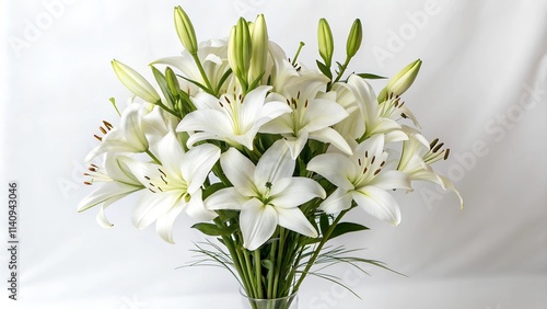 A beautiful bouquet of white lilies in a vase. The lilies have large, trumpet-shaped flowers with delicate petals and prominent stamens.