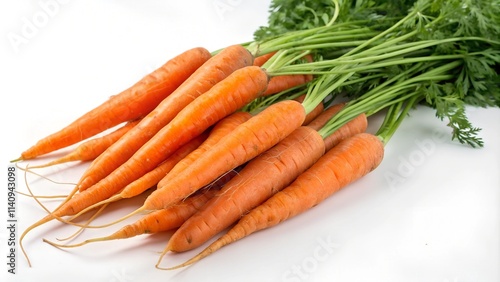  Vibrant orange carrots with green tops, arranged neatly on a white background.