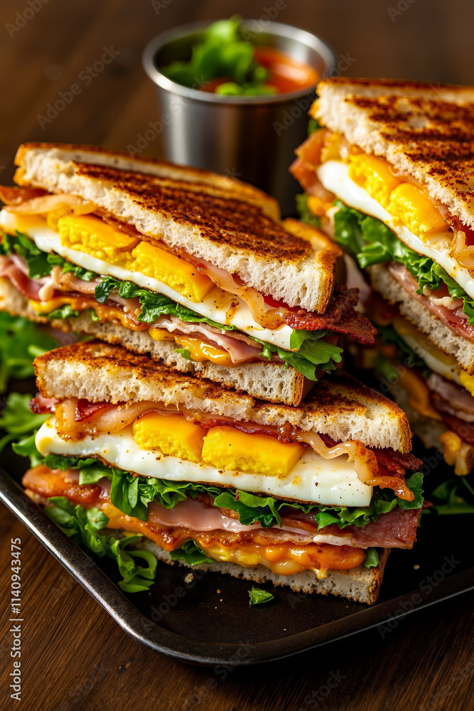 A close up of a sandwich cut in half on a plate A close up of a sandwich cut in half on a plate