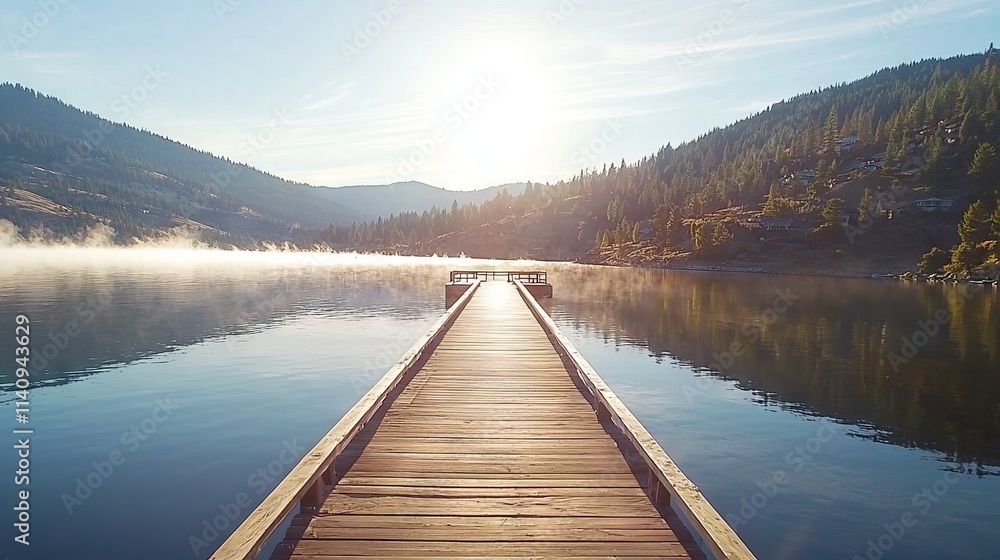 Serene lake view with a wooden pier at sunrise, surrounded by mountains. Serene lake view with a wooden pier at sunrise, surrounded by mountains.