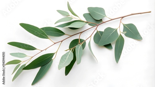 A single sprig of eucalyptus with long, slender leaves. The sprig is isolated on a white background.

