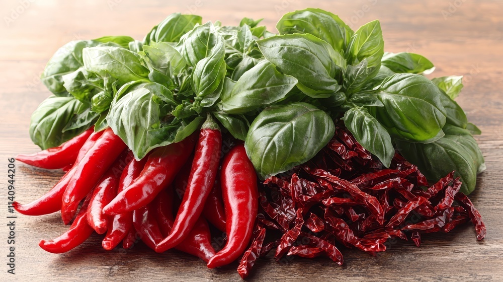 A bunch of red peppers and basil on a wooden table A bunch of red peppers and basil on a wooden table