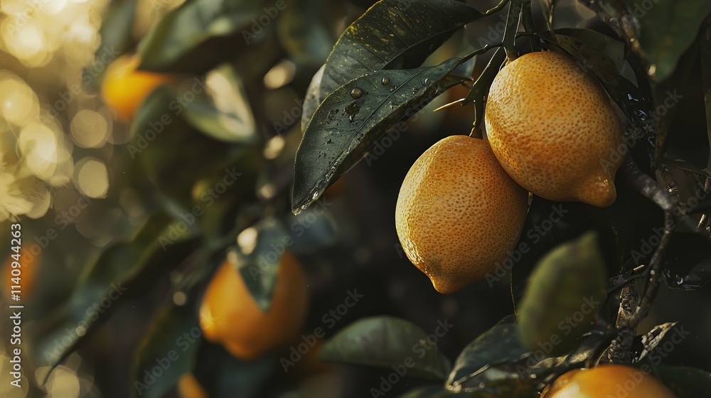 A bunch of ripe lemons hanging from a tree A bunch of ripe lemons hanging from a tree