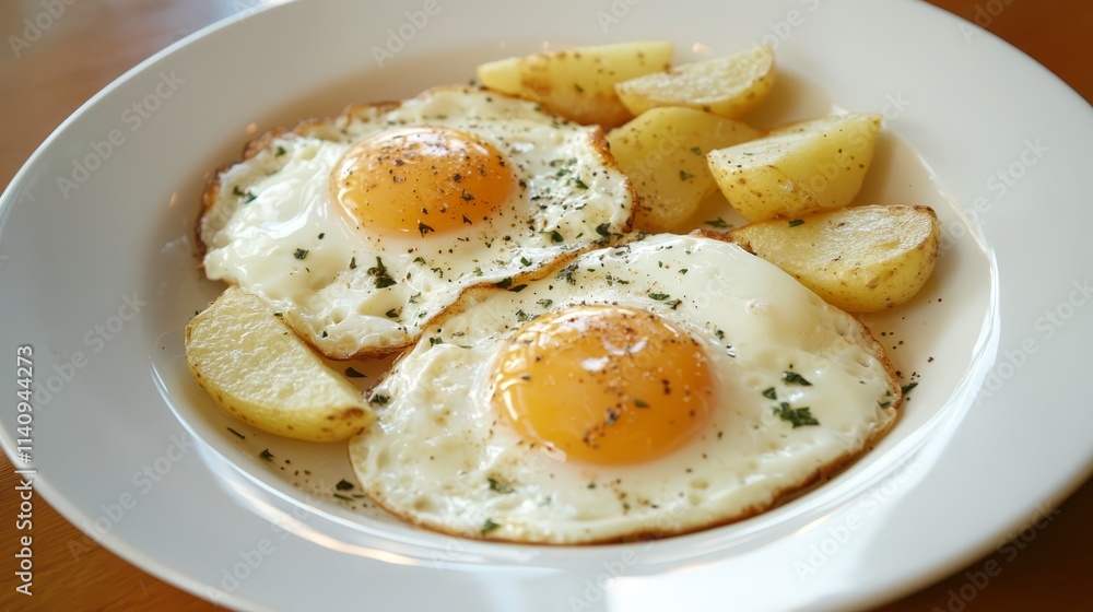 A white plate topped with two fried eggs and potatoes A white plate topped with two fried eggs and potatoes
