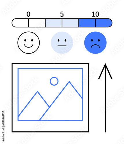 Mood gauge with happy, neutral, and sad emoticons beside segmented progress bar, adjacent to framed mountain image and upward arrow. Ideal for user feedback, progress tracking, visual storytelling
