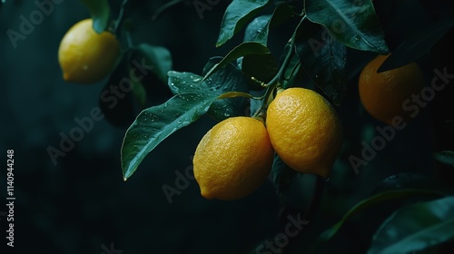 A bunch of lemons hanging from a tree with leaves