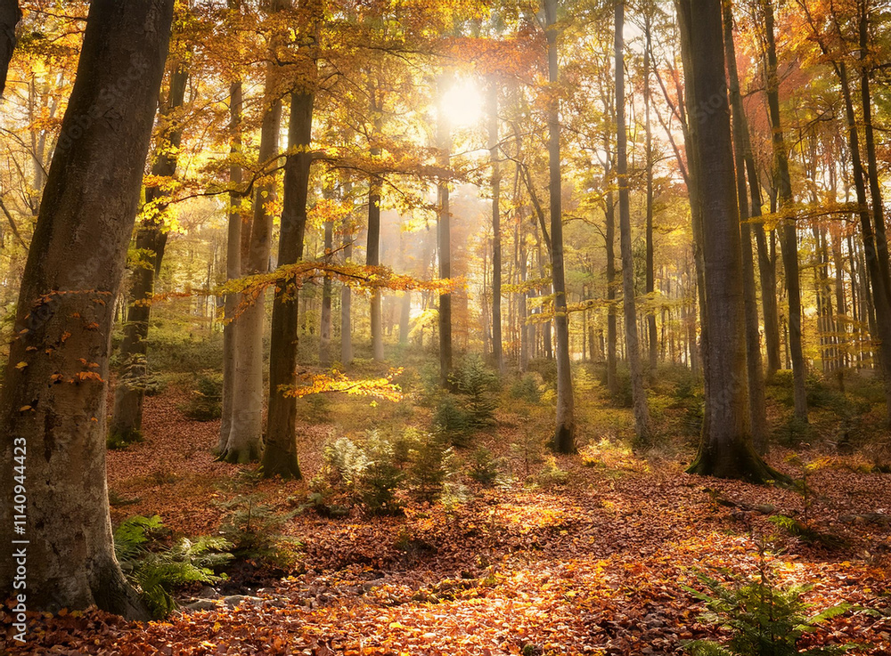 An autumn forest with golden foliage and sunlit paths. An autumn forest with golden foliage and sunlit paths.