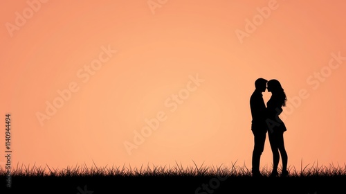 Romantic Silhouette of a Couple Embracing at Sunset with Grass in the Foreground Against a Gradient Sky