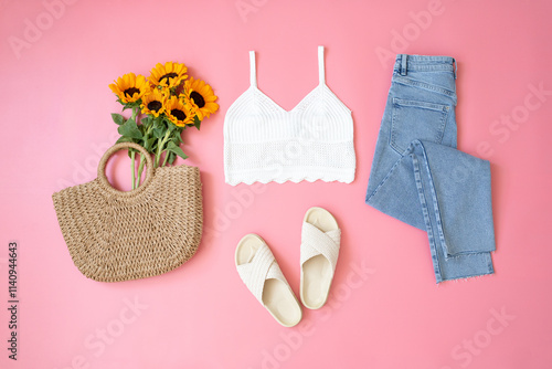 White knitted top, blue jeans, braided flat sandals and woven bag with a bouquet of sunflowers. Summer women's clothing on pink background. Flat lay, top view.