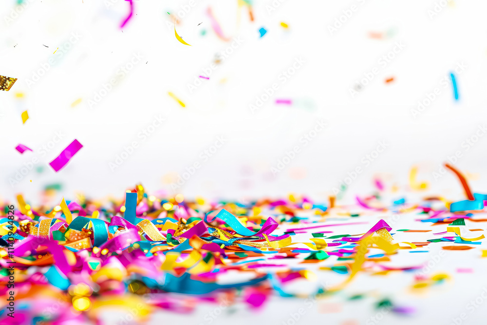 Colorful explosion of confetti is scattered across a white background. The confetti is in various colors and sizes, creating a festive and celebratory atmosphere. Concept of joy and excitement Colorful explosion of confetti is scattered across a white background. The confetti is in various colors and sizes, creating a festive and celebratory atmosphere. Concept of joy and excitement