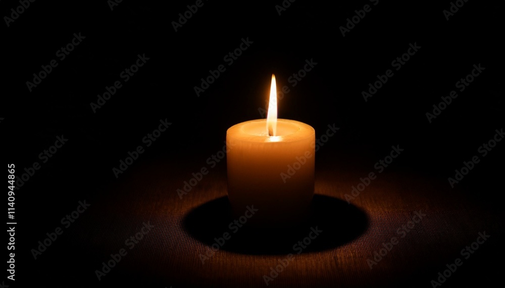 A single candle glows brightly in pitch black darkness, casting long shadows all around. A single candle glows brightly in pitch black darkness, casting long shadows all around.