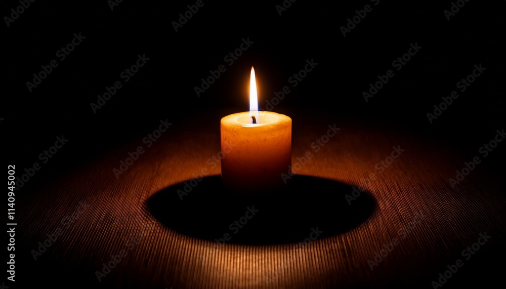 A single candle glows brightly in pitch black darkness, casting long shadows all around. A single candle glows brightly in pitch black darkness, casting long shadows all around.