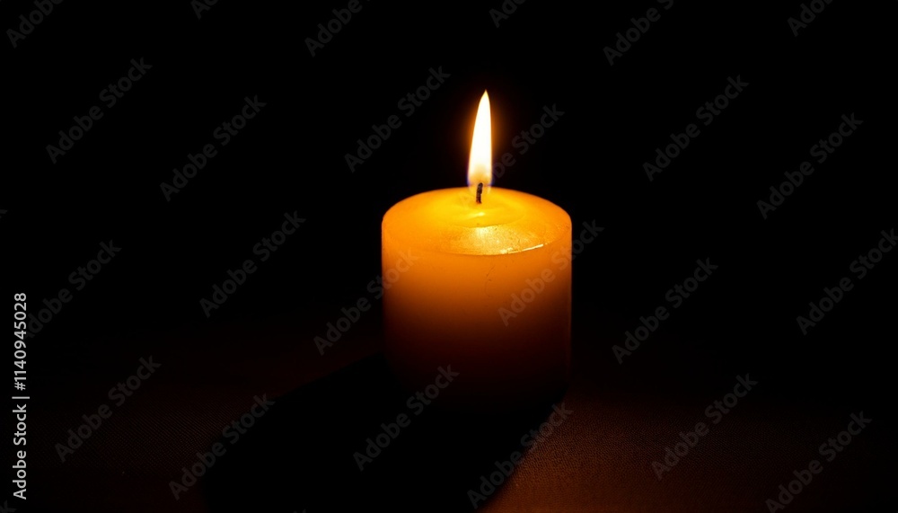 A single candle glows brightly in pitch black darkness, casting long shadows all around. A single candle glows brightly in pitch black darkness, casting long shadows all around.