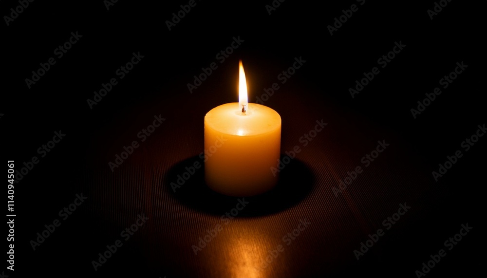 A single candle glows brightly in pitch black darkness, casting long shadows all around. A single candle glows brightly in pitch black darkness, casting long shadows all around.