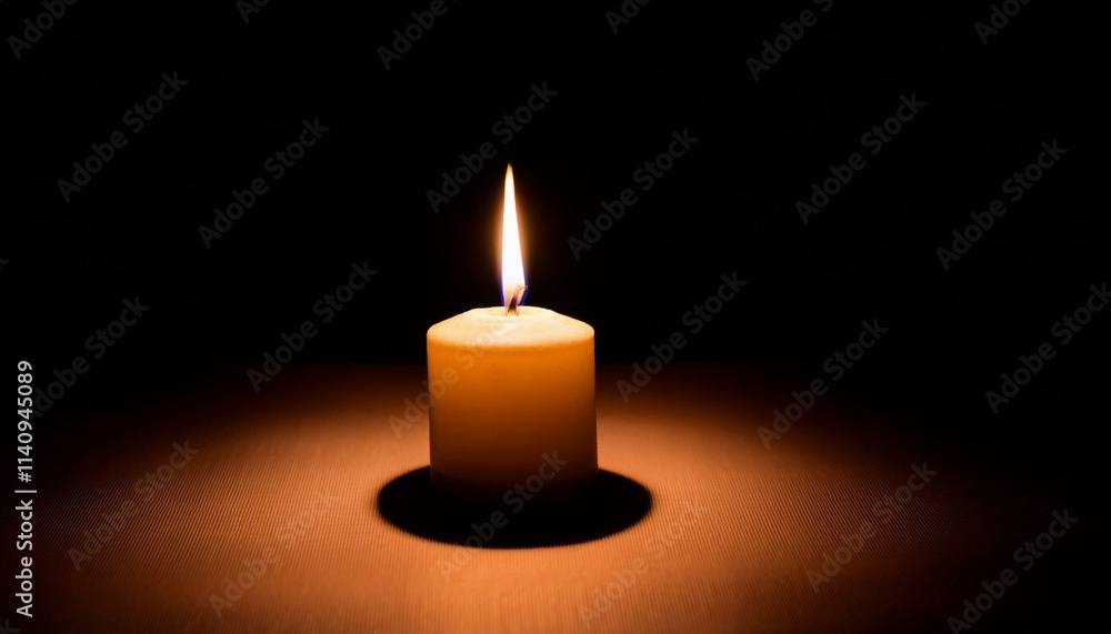 A single candle glows brightly in pitch black darkness, casting long shadows all around. A single candle glows brightly in pitch black darkness, casting long shadows all around.
