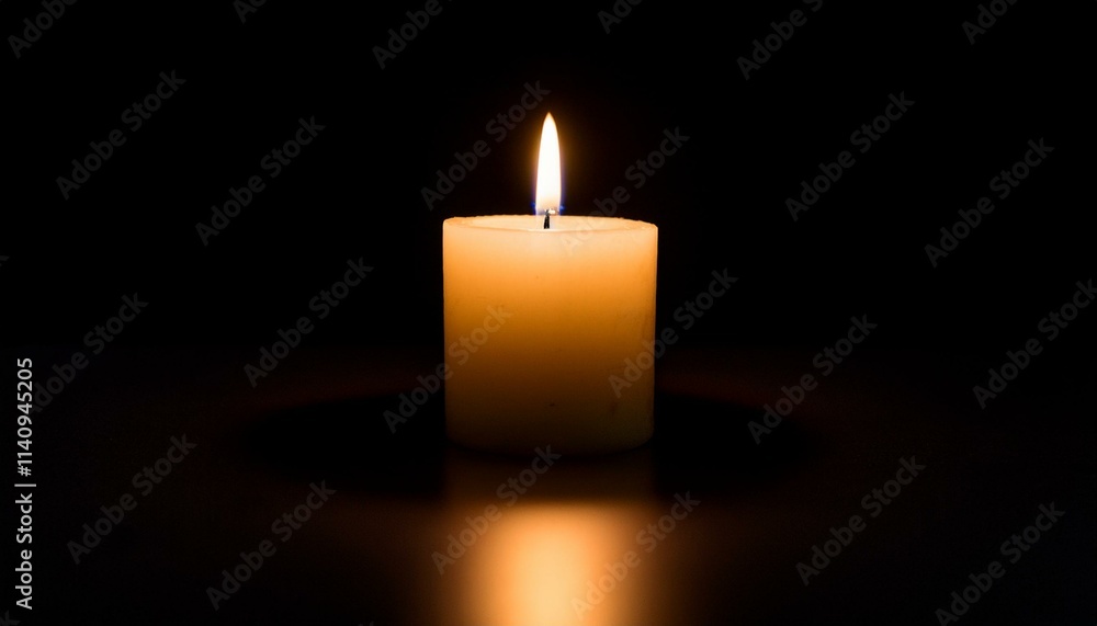 A single candle glows brightly in pitch black darkness, casting long shadows all around. A single candle glows brightly in pitch black darkness, casting long shadows all around.