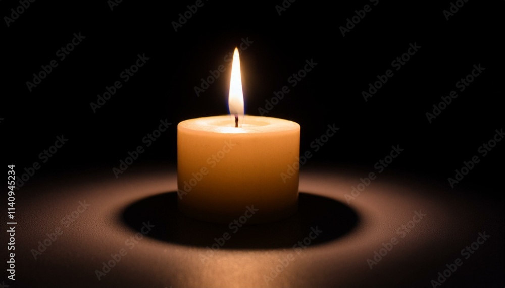 A single candle glows brightly in pitch black darkness, casting long shadows all around. A single candle glows brightly in pitch black darkness, casting long shadows all around.