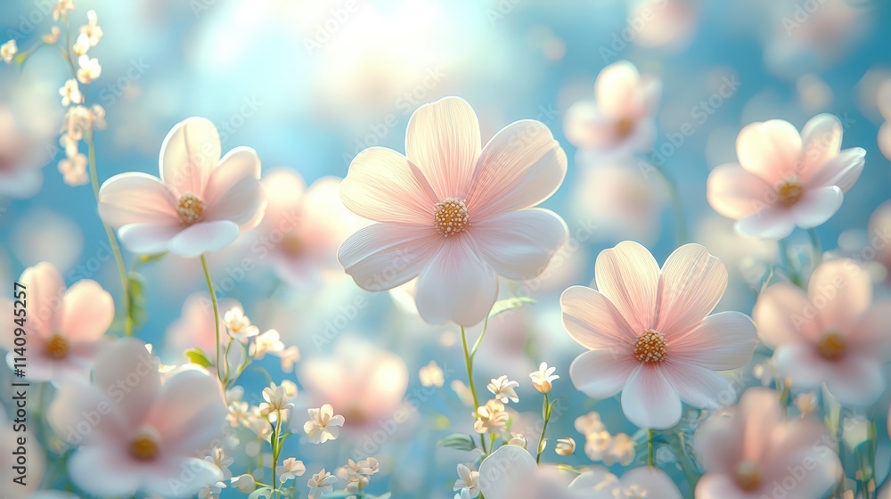 Fototapeta premium A field of pink flowers with a blue sky in the background