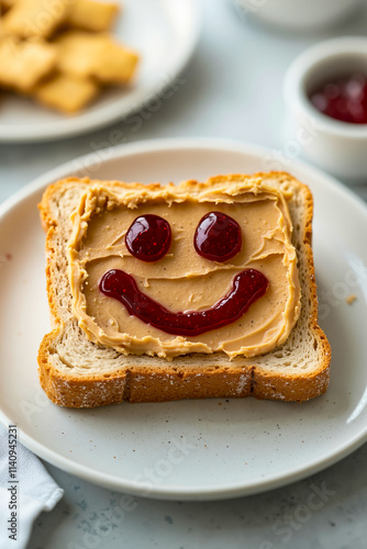 A peanut butter sandwich with a smiley face on it