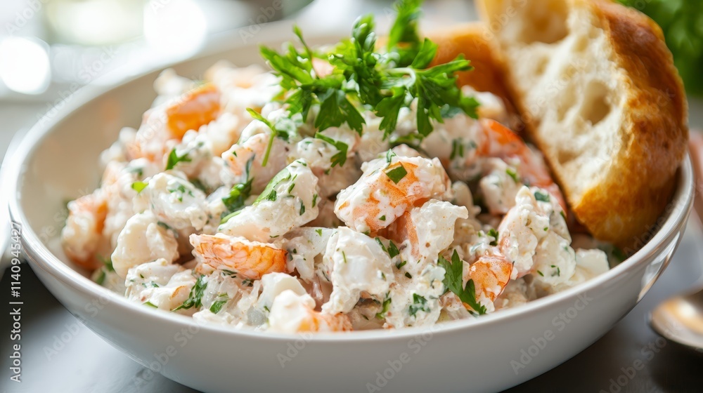 A bowl of lobster salad with bread on a table A bowl of lobster salad with bread on a table