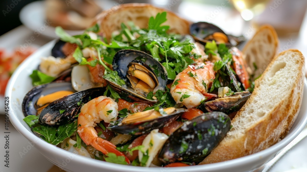 A bowl of seafood salad with bread on a table A bowl of seafood salad with bread on a table