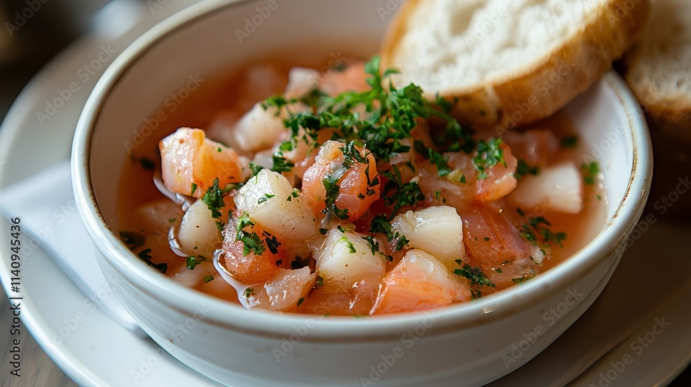 A bowl of soup with bread on a white plate A bowl of soup with bread on a white plate