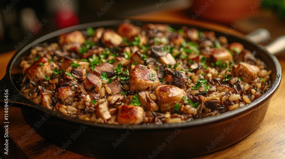 Dark mushroom and wild rice skillet with rustic kitchen vibe Dark mushroom and wild rice skillet with rustic kitchen vibe