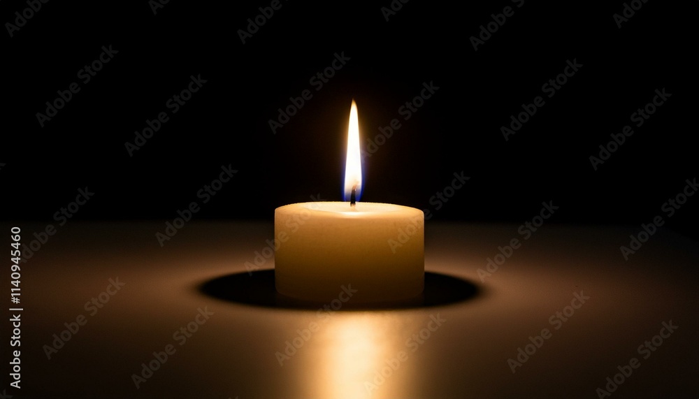 A single candle glows brightly in pitch black darkness, casting long shadows all around. A single candle glows brightly in pitch black darkness, casting long shadows all around.