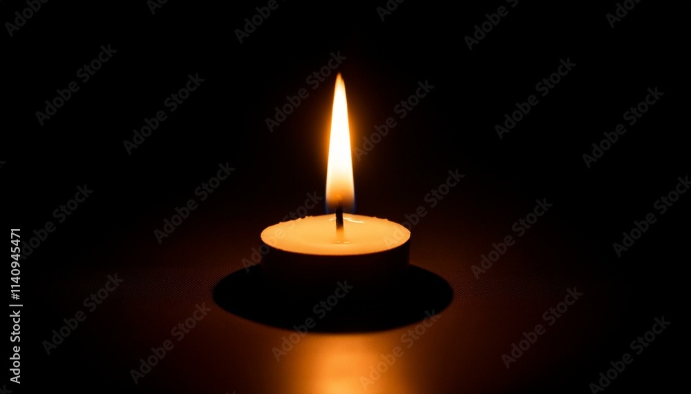 A single candle glows brightly in pitch black darkness, casting long shadows all around. A single candle glows brightly in pitch black darkness, casting long shadows all around.