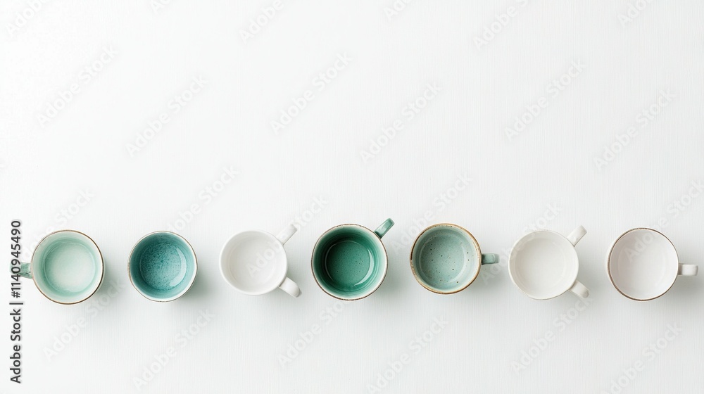 Tea cups arranged on a white table, against a white wall Tea cups arranged on a white table, against a white wall