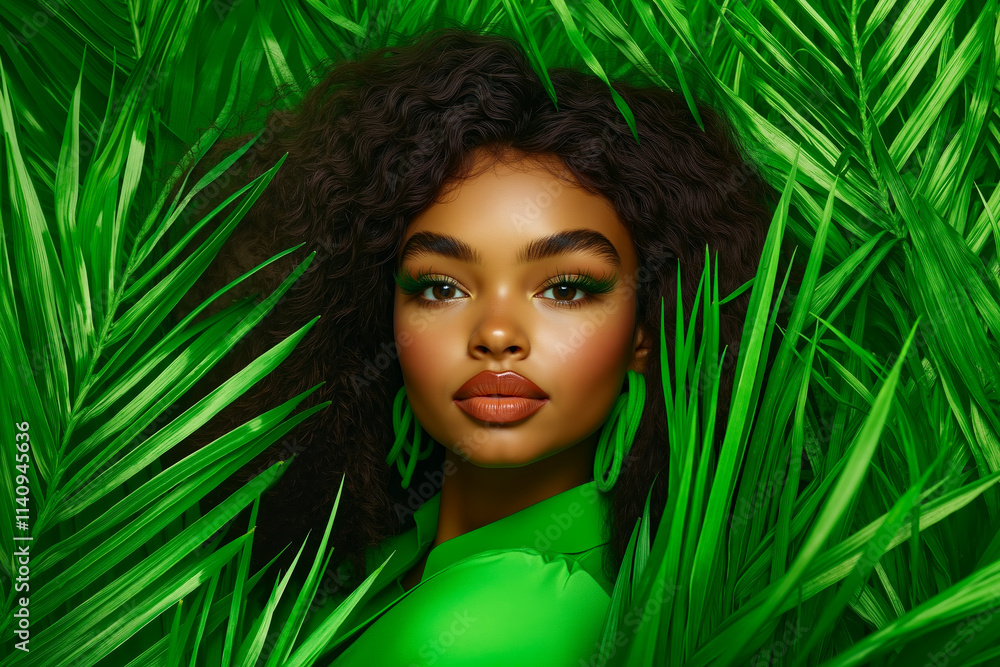 A woman in a green shirt is surrounded by green leaves A woman in a green shirt is surrounded by green leaves