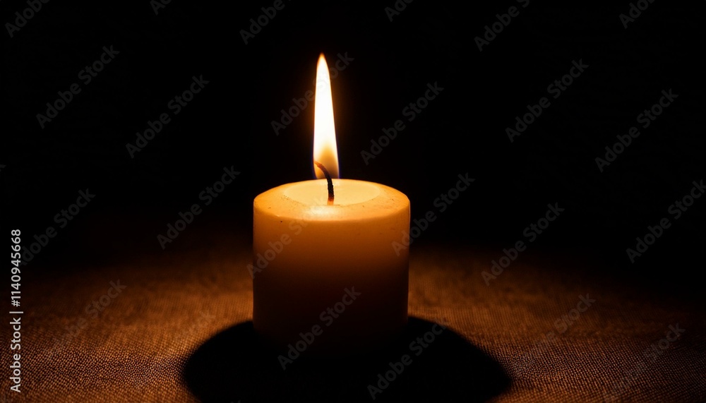 A single candle glows brightly in pitch black darkness, casting long shadows all around. A single candle glows brightly in pitch black darkness, casting long shadows all around.