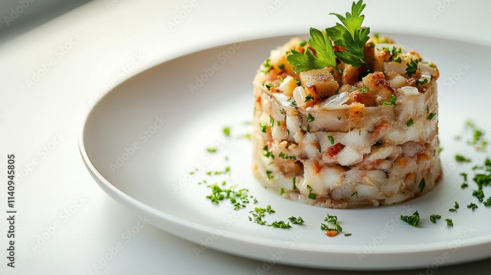 Elegant food photography of oyster stuffing on white plate Elegant food photography of oyster stuffing on white plate