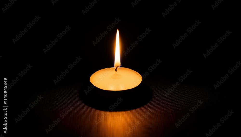 A single candle glows brightly in pitch black darkness, casting long shadows all around. A single candle glows brightly in pitch black darkness, casting long shadows all around.