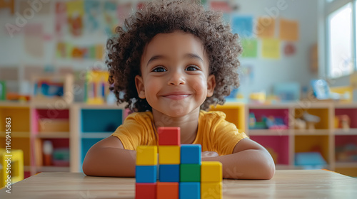 Happy kids playing with building blocks in preschool