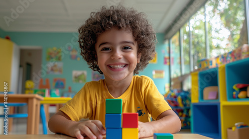 Happy kids playing with building blocks in preschool