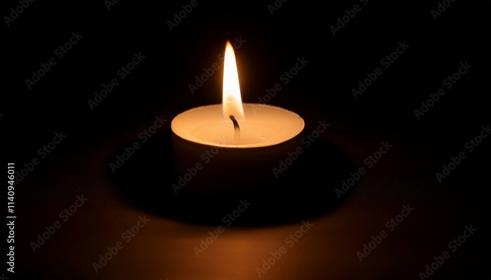 A single candle glows brightly in pitch black darkness, casting long shadows all around. A single candle glows brightly in pitch black darkness, casting long shadows all around.