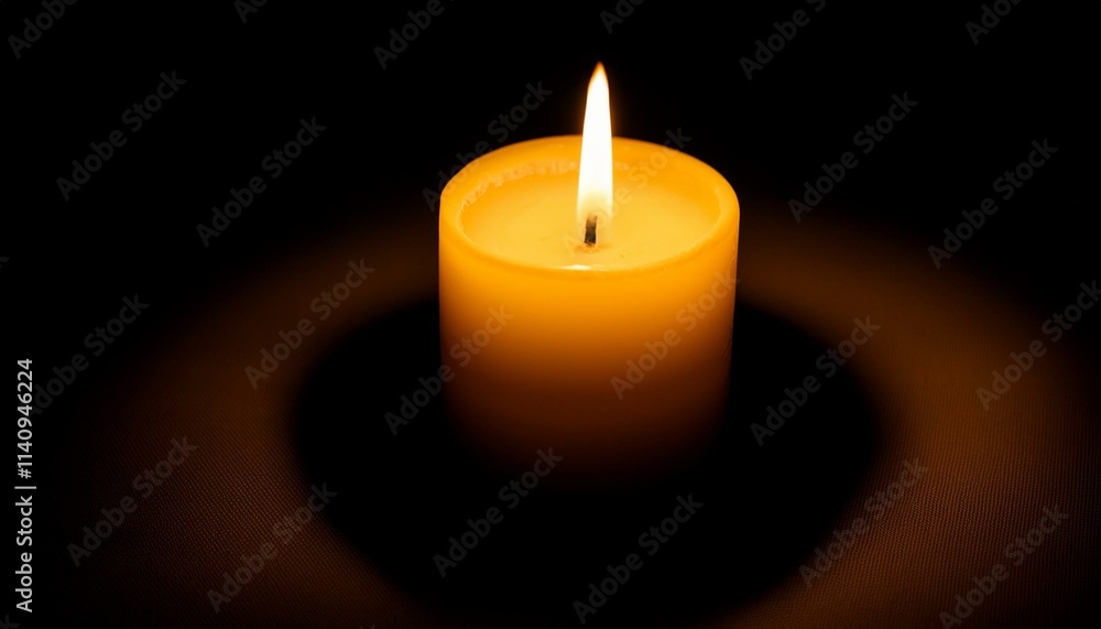 A single candle glows brightly in pitch black darkness, casting long shadows all around. A single candle glows brightly in pitch black darkness, casting long shadows all around.