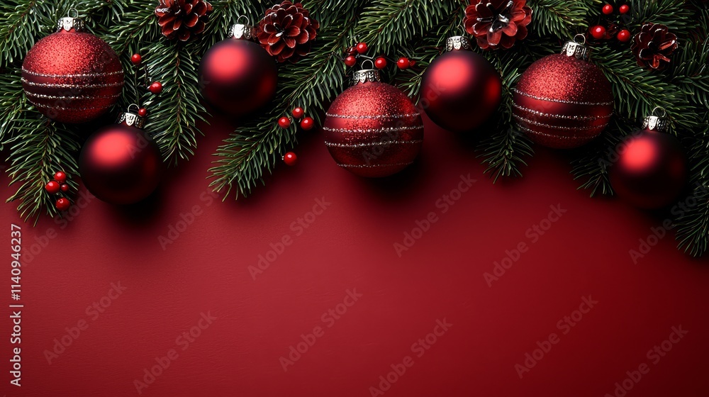 A red background with red ornaments and pine branches A red background with red ornaments and pine branches