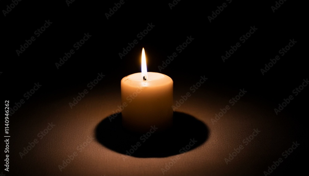 A single candle glows brightly in pitch black darkness, casting long shadows all around. A single candle glows brightly in pitch black darkness, casting long shadows all around.