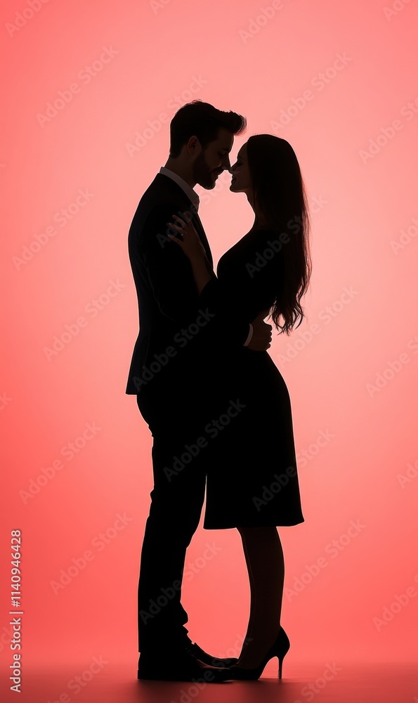 Romantic Silhouette of Couple Embracing Against Soft Pink Background in Intimate Evening Setting Romantic Silhouette of Couple Embracing Against Soft Pink Background in Intimate Evening Setting