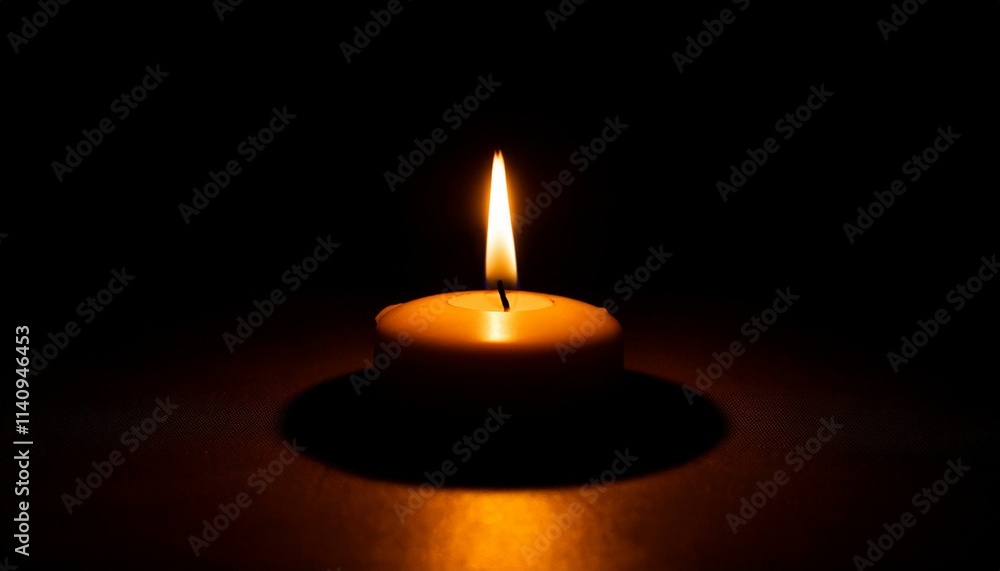A single candle glows brightly in pitch black darkness, casting long shadows all around. A single candle glows brightly in pitch black darkness, casting long shadows all around.