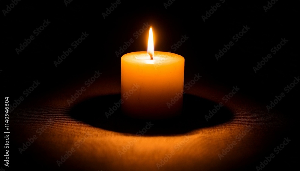 A single candle glows brightly in pitch black darkness, casting long shadows all around. A single candle glows brightly in pitch black darkness, casting long shadows all around.