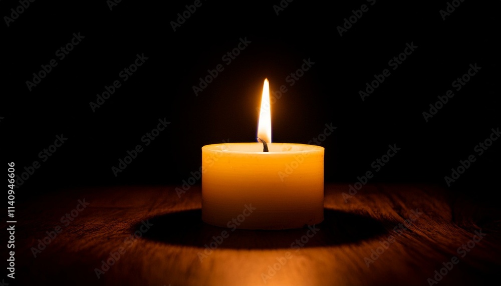 A single candle glows brightly in pitch black darkness, casting long shadows all around. A single candle glows brightly in pitch black darkness, casting long shadows all around.