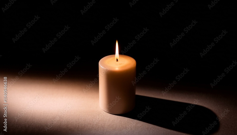 A single candle glows brightly in pitch black darkness, casting long shadows all around. A single candle glows brightly in pitch black darkness, casting long shadows all around.