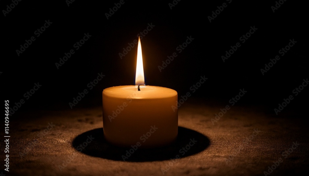 A single candle glows brightly in pitch black darkness, casting long shadows all around. A single candle glows brightly in pitch black darkness, casting long shadows all around.