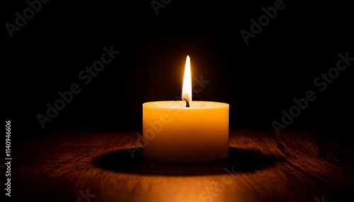 A single candle glows brightly in pitch black darkness, casting long shadows all around.